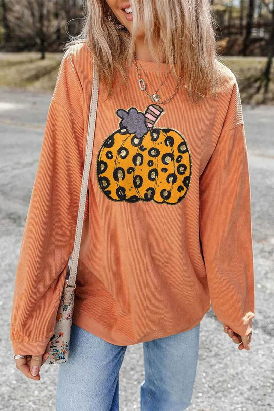 Pumpkin Round Neck Long Sleeve Sweatshirt Trendsi 24d5f0ac-cef7-4536-acb0-09261bd06b16-Max