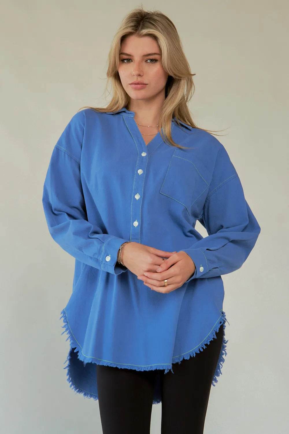 Davi & Dani Letter Back Raw Hem Half Button Shirt Trendsi 25136e2e-40fc-44e4-a846-b15e37af9a6d-Max