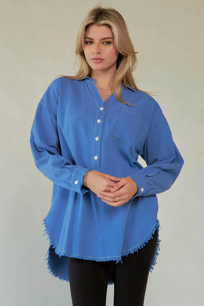 Davi & Dani Letter Back Raw Hem Half Button Shirt Trendsi 25136e2e-40fc-44e4-a846-b15e37af9a6d-Max