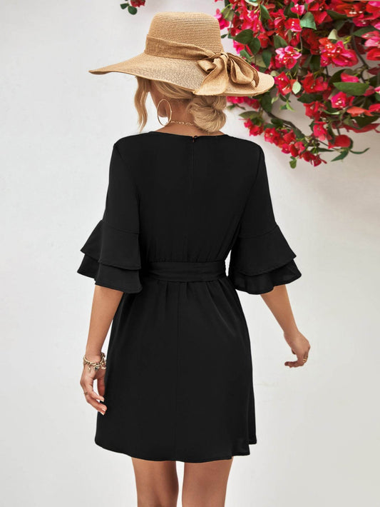 Round Neck Tie Belt Flounce Sleeve Dress Trendsi 2518fdd4baf9448dbf0bc8156bc6ab0c-Max