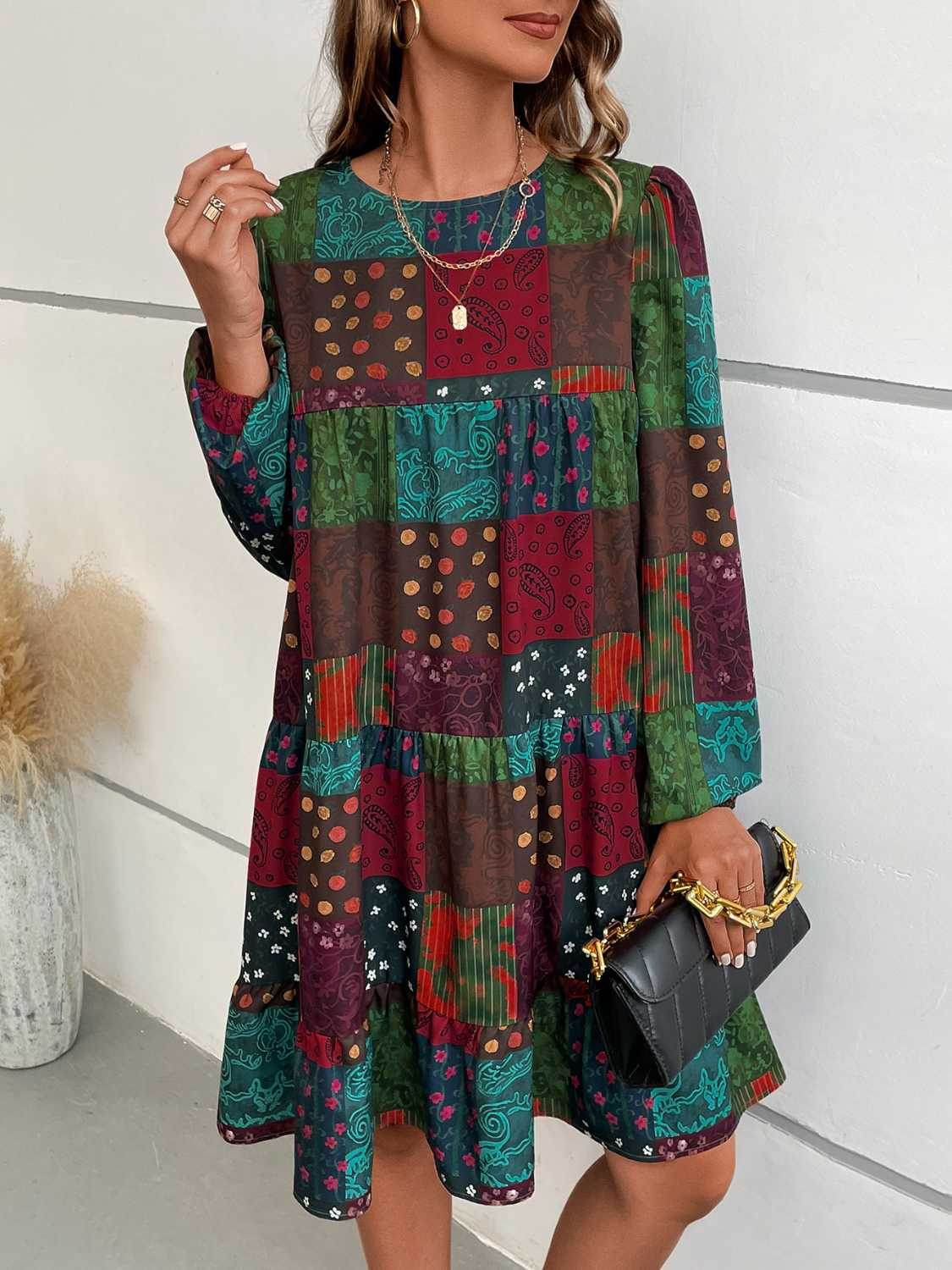 Patchwork Round Neck Long Sleeve Dress Trendsi 2524b796da28433b9d5bc7c74e24b748-Max