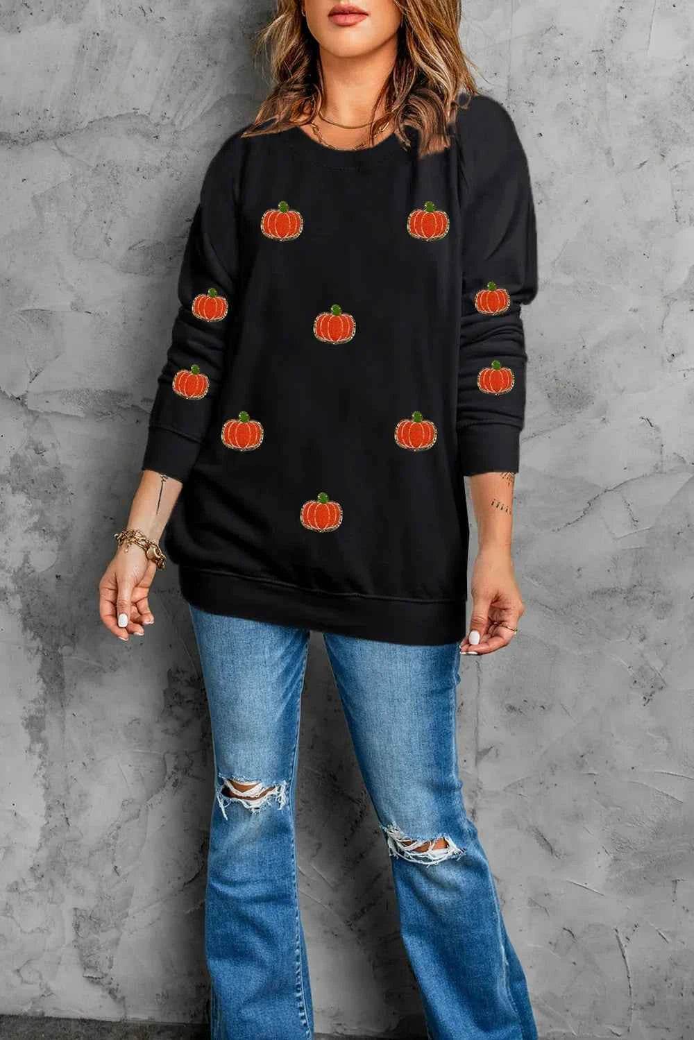 Pumpkin Round Neck Long Sleeve Sweatshirt Trendsi 253a4800-0563-4888-8505-3a6b43ca1ebb-Max