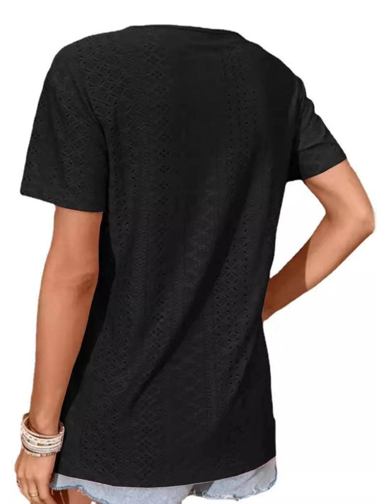 Eyelet Crisscross Short Sleeve T-Shirt Trendsi 25474f98136e43598602adcb667bd31e-Max-Origin
