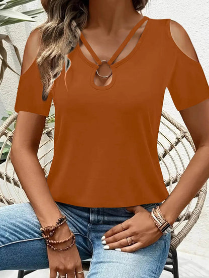 Cold Shoulder T-Shirt with Metal Ring Detail Light Brown Trendsi 256a96178b434e4cadd8b0c7cc27d565-Max-Origin