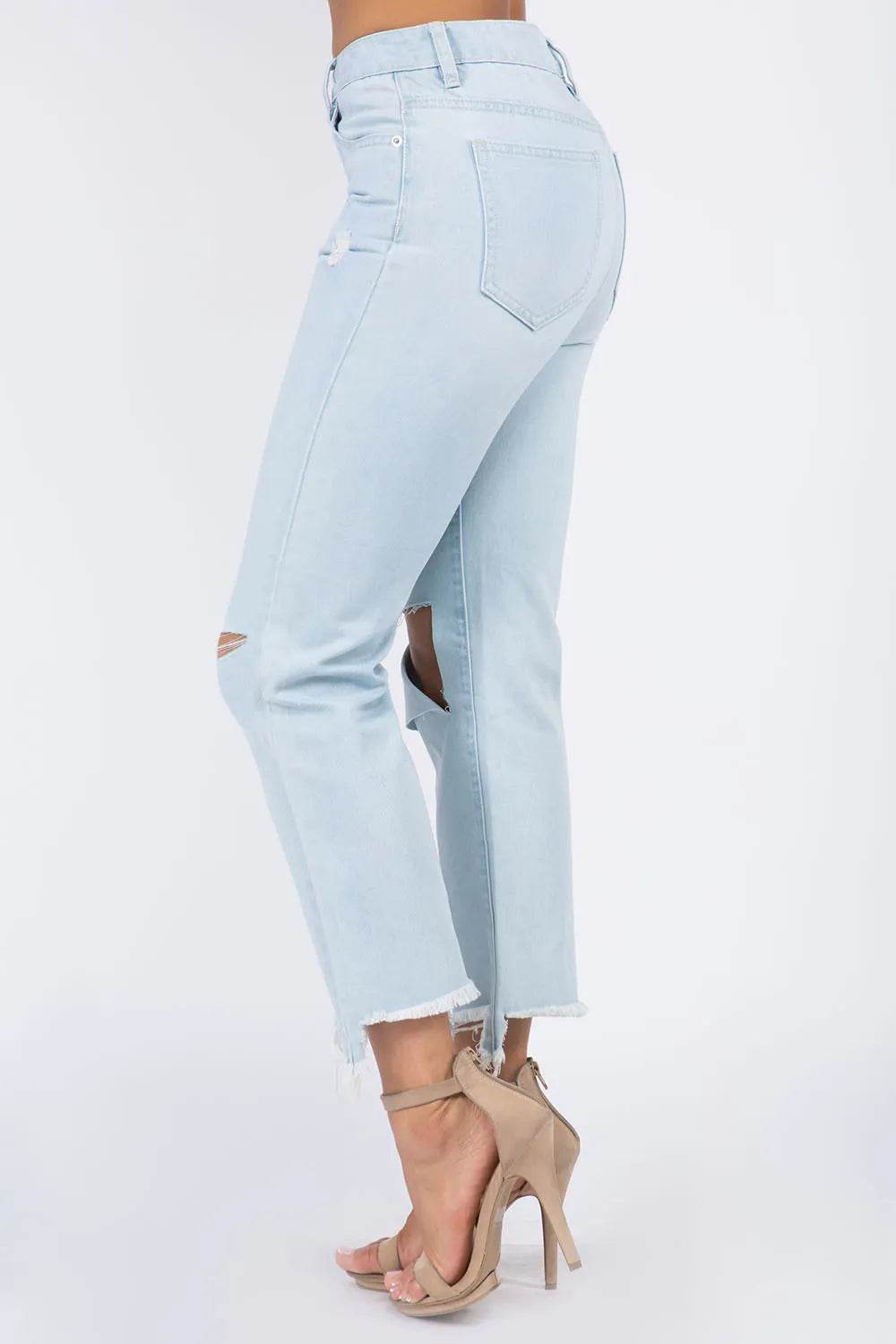American Bazi High Waist Distressed Raw Hem Jeans Trendsi 25821d02-4bb2-446b-a1b7-548cfc4557df-Max