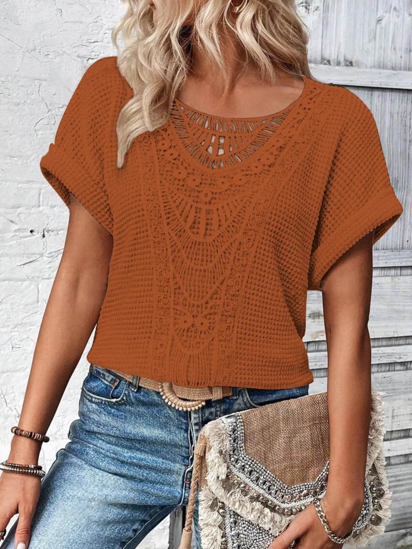Crochet Lace Short Sleeve Casual T-Shirt Trendsi 259436e9-285a-4ff4-94cc-f8e8f9b3c419-Max-Origin