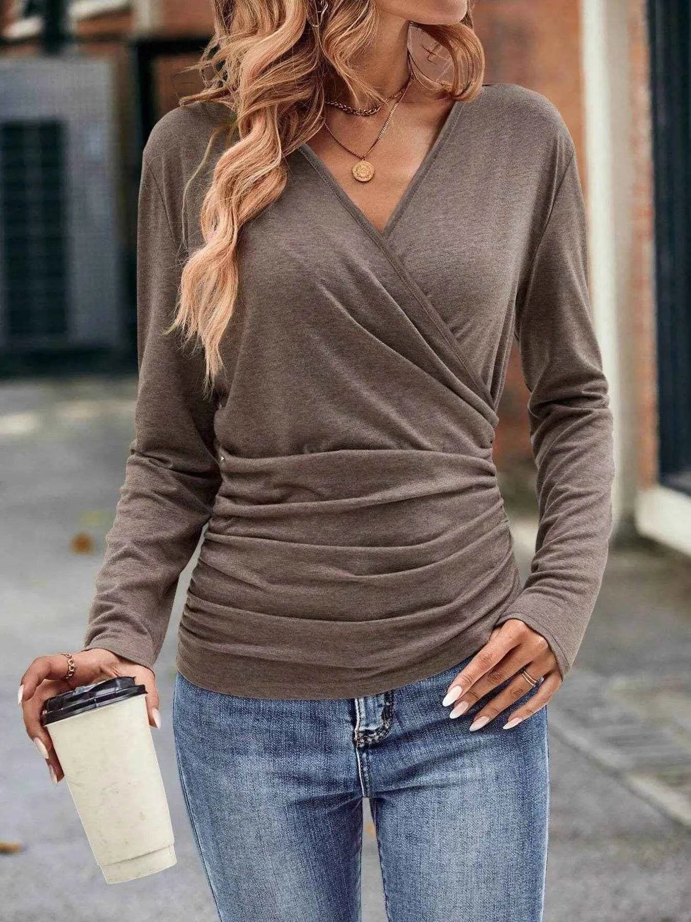 Ruched Surplice Long Sleeve T-Shirt Trendsi 2594a269ca1e4608b8c76c0c9ee1801e-Max-Origin