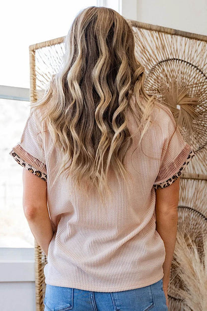 Leopard Trim Round Neck Ribbed T-Shirt Trendsi 259851bd-519d-440c-adb3-cd06309d8d6f-Max-Origin
