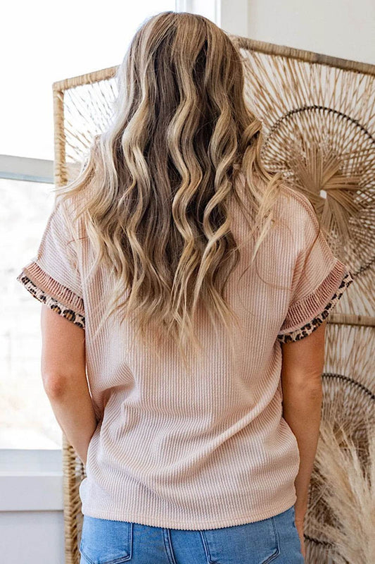 Leopard Trim Round Neck Ribbed T-Shirt Trendsi 259851bd-519d-440c-adb3-cd06309d8d6f-Max-Origin