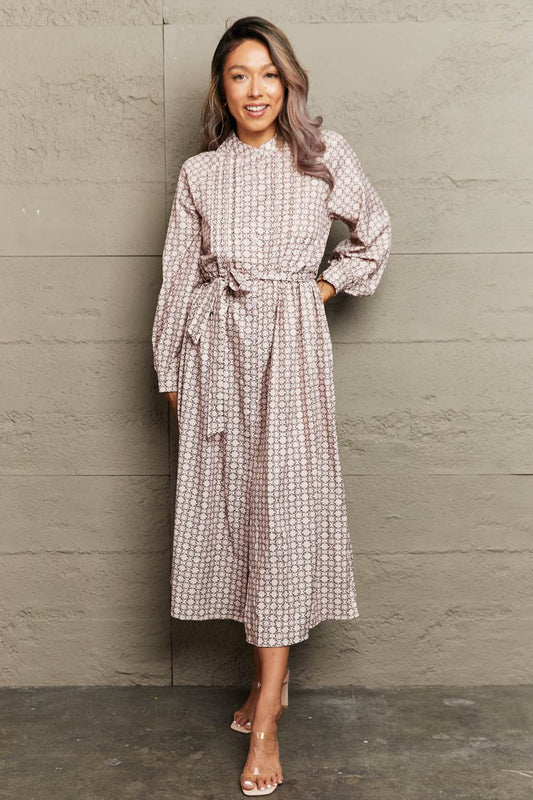 Perfee Printed Tie Waist Long Sleeve Dress Beige Trendsi 2599c59435ab4f039232257c597aea8d-Max