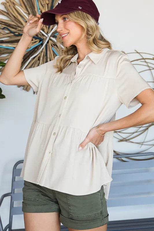 Lime 'N' Chili Solid Babydoll Short Sleeve Button Down Shirt Trendsi 25b14997f25c462d864d960e8b94bbcc-Max-Origin