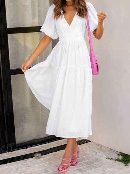 V-Neck Puff Sleeve Midi Dress Trendsi 25d51620-2f47-469c-a8ac-a5c571785642-Max-Origin