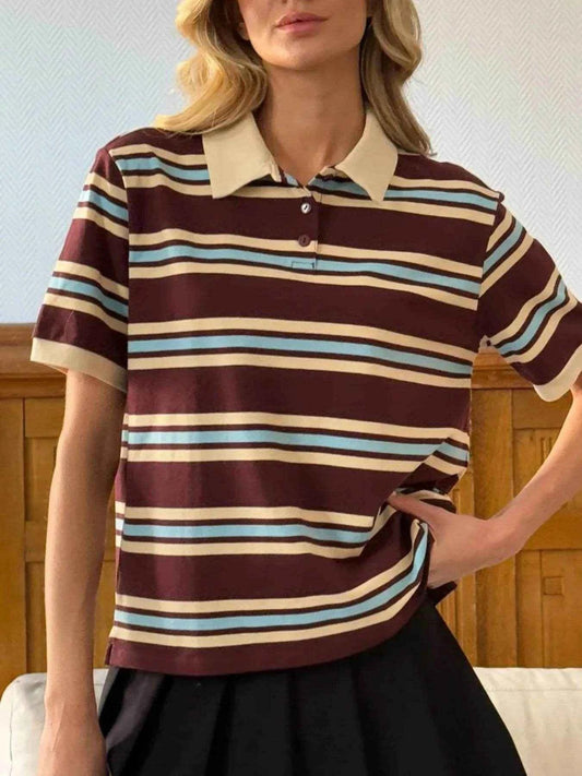 Striped Polo T-Shirt with Contrast Collar Dark Brown Trendsi 25db2022-493c-4e63-8bb1-3a51f8bd10d4-Max-Origin