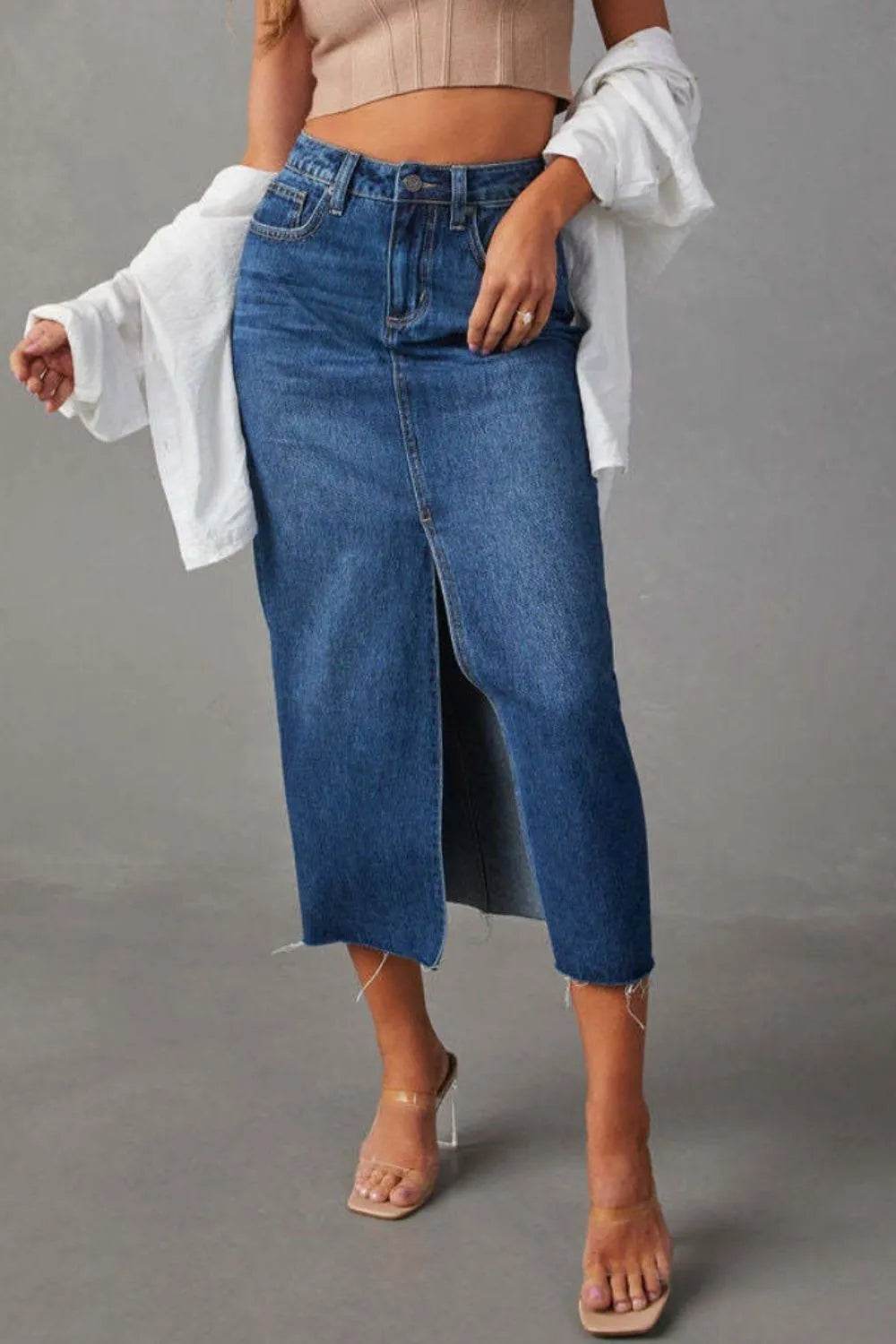Slit Raw Hem Midi Denim Skirt Dark Blue Trendsi 25e5eb30-7eb4-48aa-9a8a-0d355ab3c217-Max
