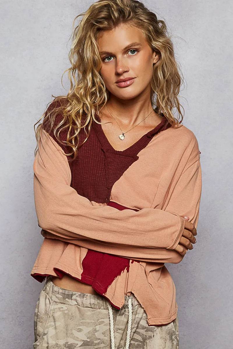 POL Color Block Notched Long Sleeve T-Shirt Trendsi 2622ef55-9292-4e5d-9080-276a88b40d9c-Max-Origin