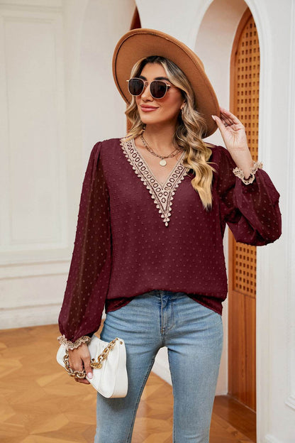 Swiss Dot Contrast V-Neck Blouse Trendsi 26233f41fdf542a18fa14b186071f3e7-Max