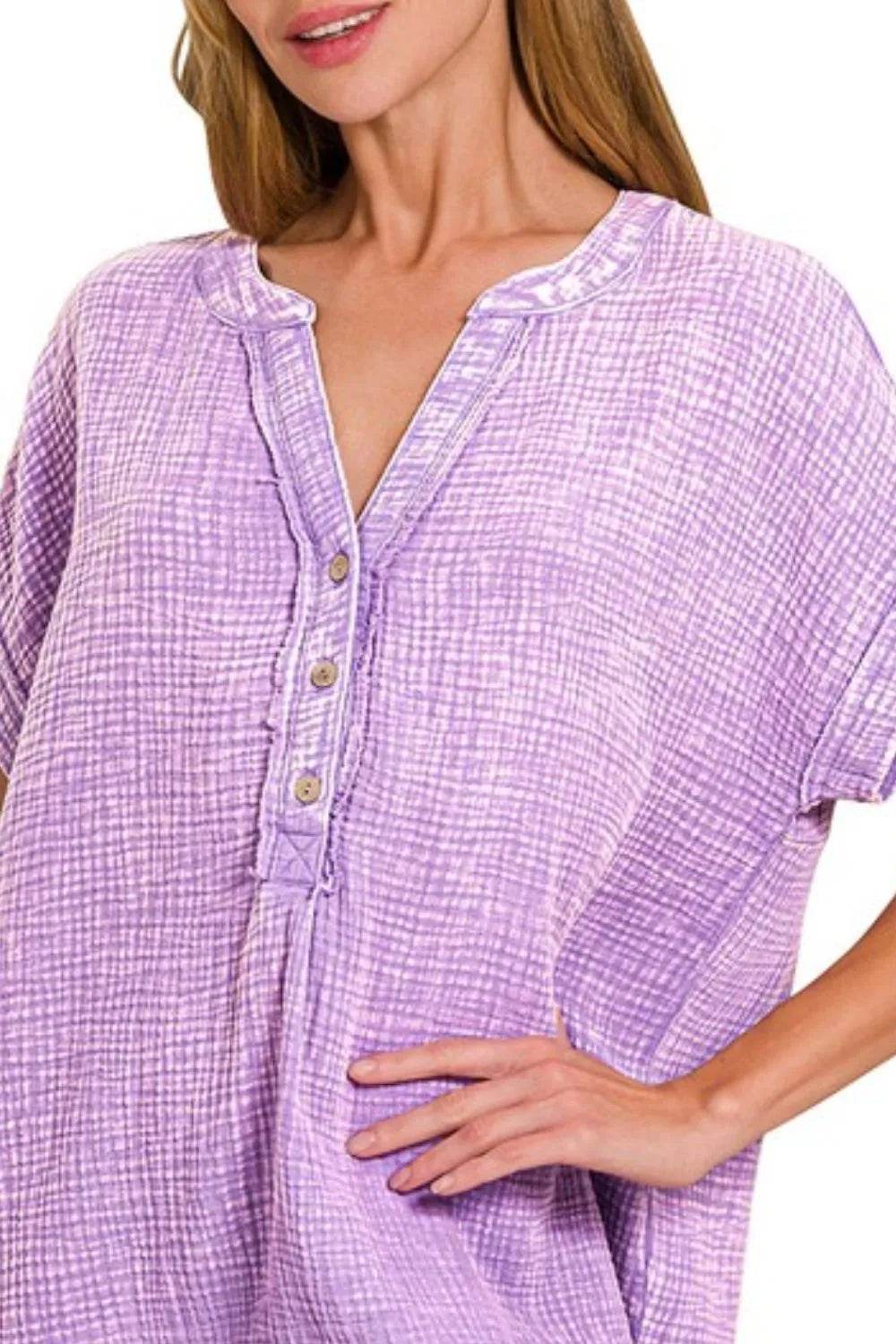 Zenana Washed Double Gauze 3/4 Button Henley Neck Shirt Trendsi 2627a512-e07c-42b0-9d6d-f00f456009c9-Max-Origin