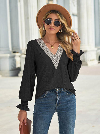V-Neck Eyelet Flounce Sleeve Blouse Black Trendsi 2660b7dc769048b298b723b0f31fb879-Max
