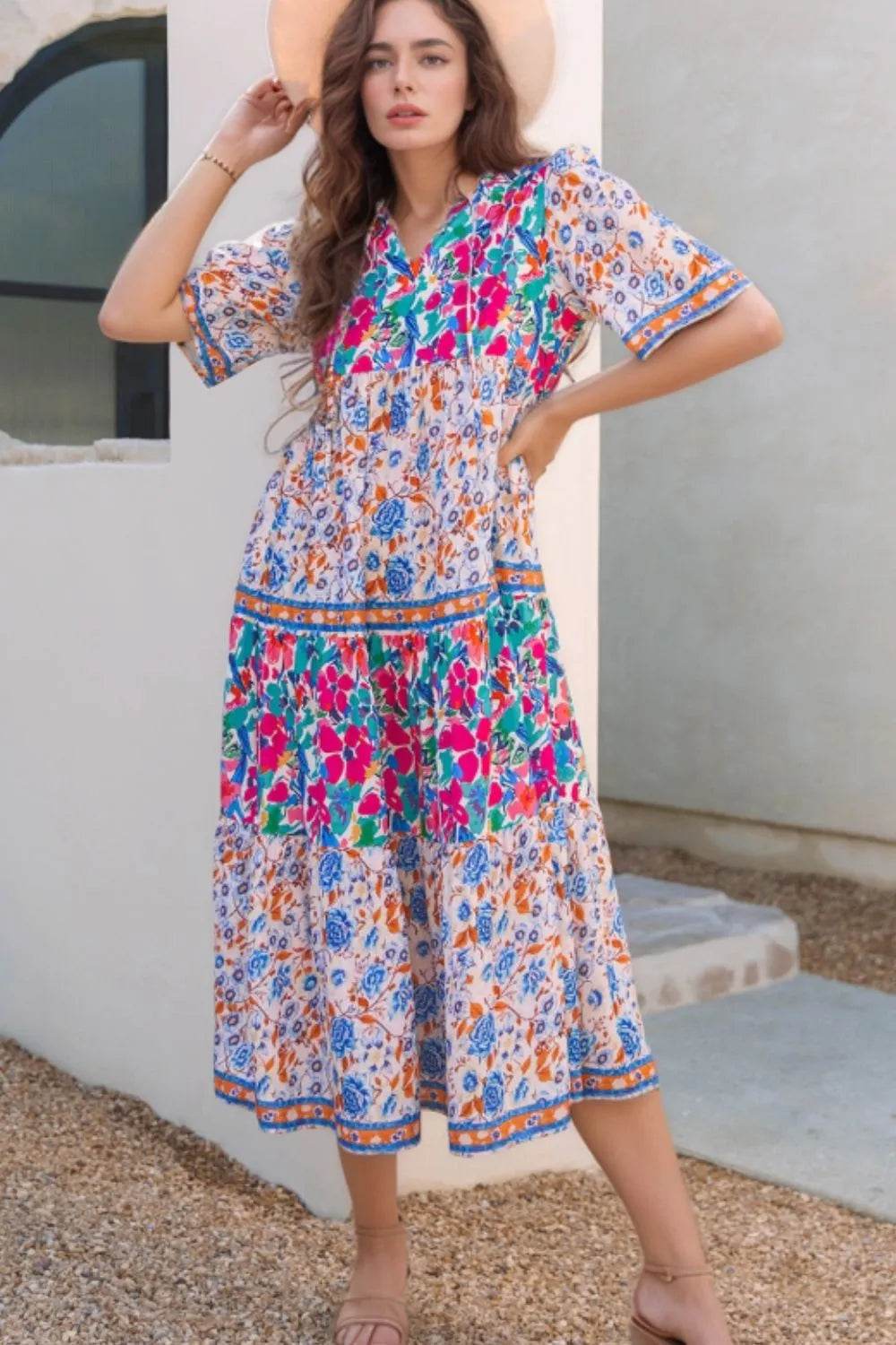 Mixed Floral Print Tie Neck Short Sleeve Dress Floral Trendsi 26633127-39cd-4a1c-a3d9-473591bd3923-Max