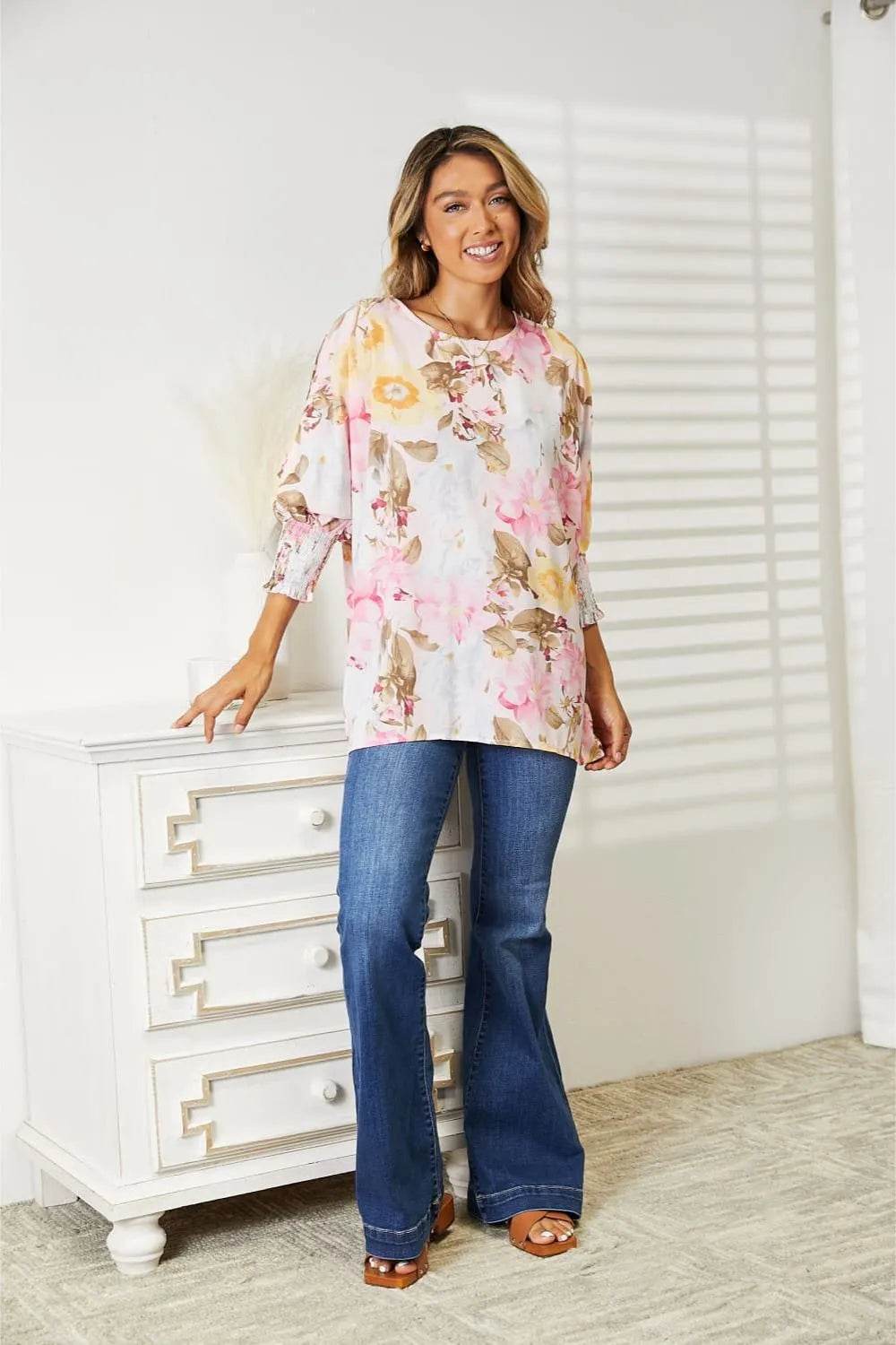 Double Take Floral Round Neck Three-Quarter Sleeve Top Trendsi 2678d083-b4c3-48dd-adb4-7055a5a01f14-Max