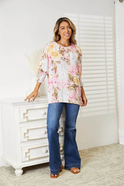 Double Take Floral Round Neck Three-Quarter Sleeve Top Trendsi 2678d083-b4c3-48dd-adb4-7055a5a01f14-Max