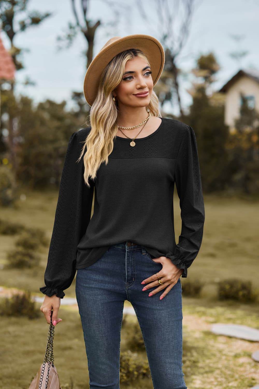 Round Neck Puff Sleeve Blouse Trendsi 2684ffa744764e11971976c5e2a38ae5-Max
