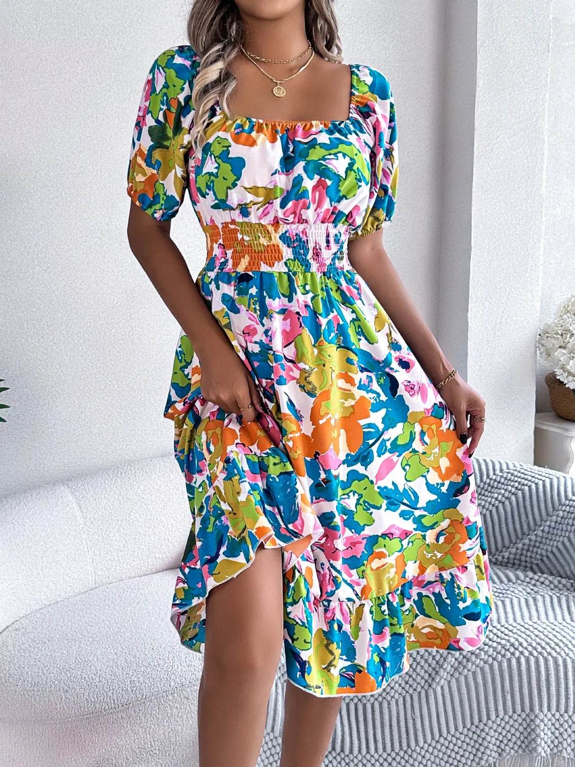Ruffled Hem Smocked Floral Short Sleeve Midi Dress Trendsi 26850146-083a-430d-9d8e-550963dde5f7-Max-Origin