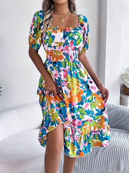 Ruffled Hem Smocked Floral Short Sleeve Midi Dress Trendsi 26850146-083a-430d-9d8e-550963dde5f7-Max-Origin
