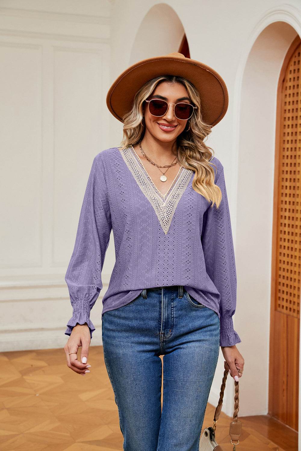 Contrast Flounce Sleeve Blouse Trendsi 268c0b9a61044958b9481c9004fdf741-Max