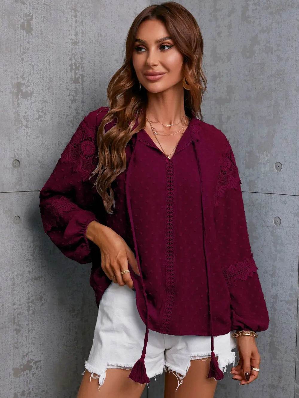 Crochet Tassel Tie Neck Long Sleeve Blouse Trendsi 269cc5d2f04343bcb8cf5e71f56d12d9-Max