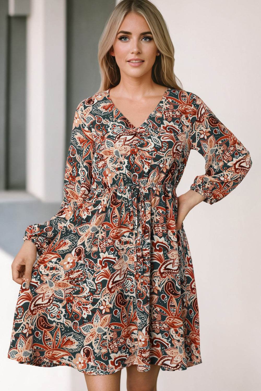 Printed V-Neck Mini Dress Multicolor Trendsi 26bbad1aae21462494a3f2fe9ee6d7ee-Max