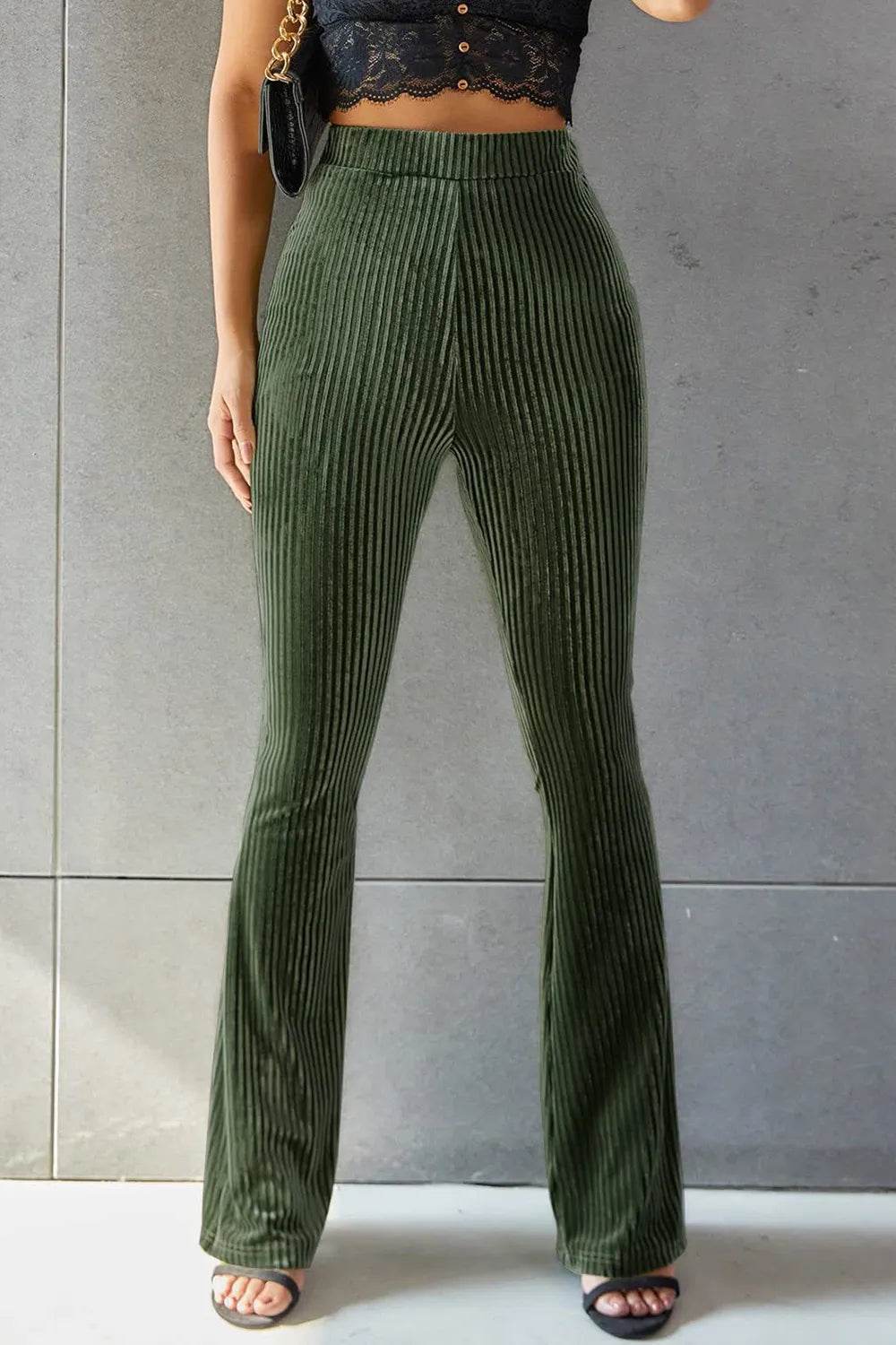 Ribbed High Waist Flare Pants Dark Green Trendsi 26cea485-b2b0-455e-8896-0f42cb47a13e-Max