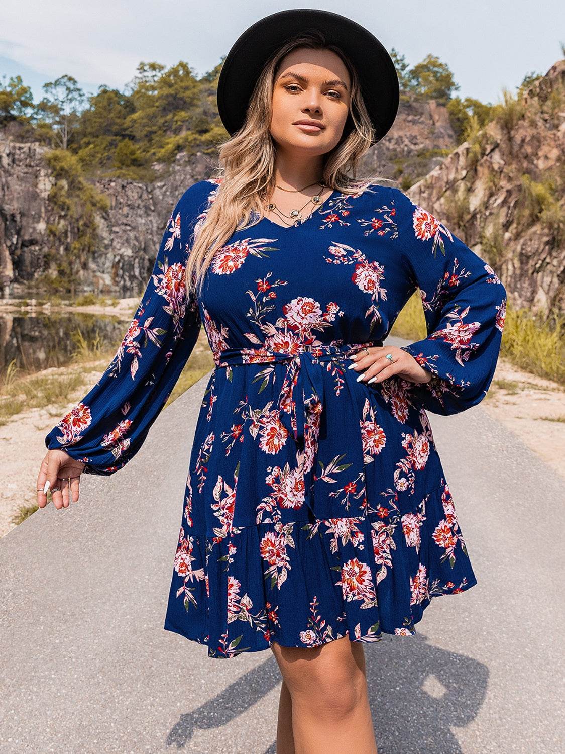 Plus Size V-Neck Long Sleeve Dress Navy Trendsi 26d552352bf54b2da30de187519753a3-Max