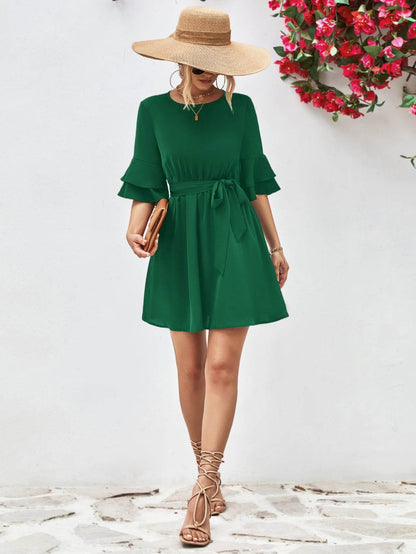 Round Neck Tie Belt Flounce Sleeve Dress Trendsi 270a9cbf973d452aabfcc223323cd8bf-Max