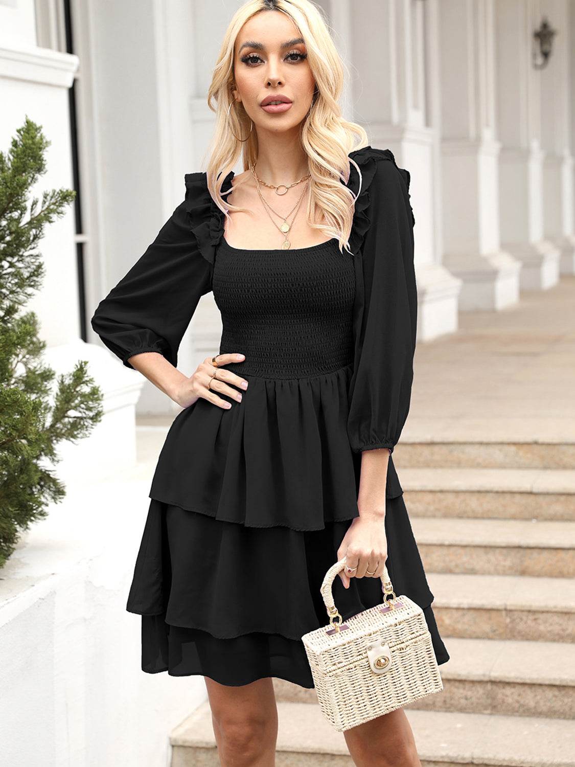 Smocked Square Neck Layered Dress Black Trendsi 271c50c662be45e08c7bdda8fbb674b4-Max