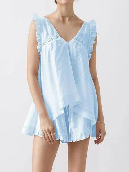 Ruffled V-Neck Top and Shorts Set Light Blue Trendsi 2743fc5a-9e22-45ef-b1c3-368da485f49f-Max-Origin