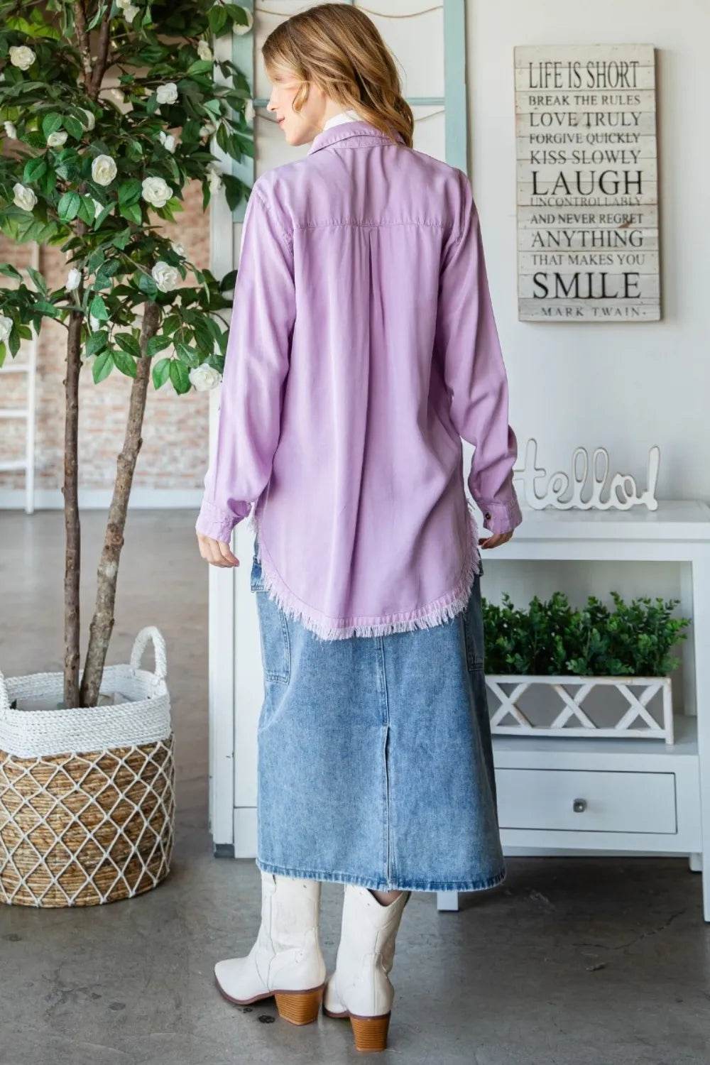 Veveret Raw Hem Button Up Long Sleeve Shirt Trendsi 27885918-b9e9-4181-90f1-c1d7097f9a42-Max