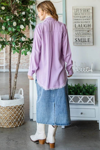 Veveret Raw Hem Button Up Long Sleeve Shirt Trendsi 27885918-b9e9-4181-90f1-c1d7097f9a42-Max
