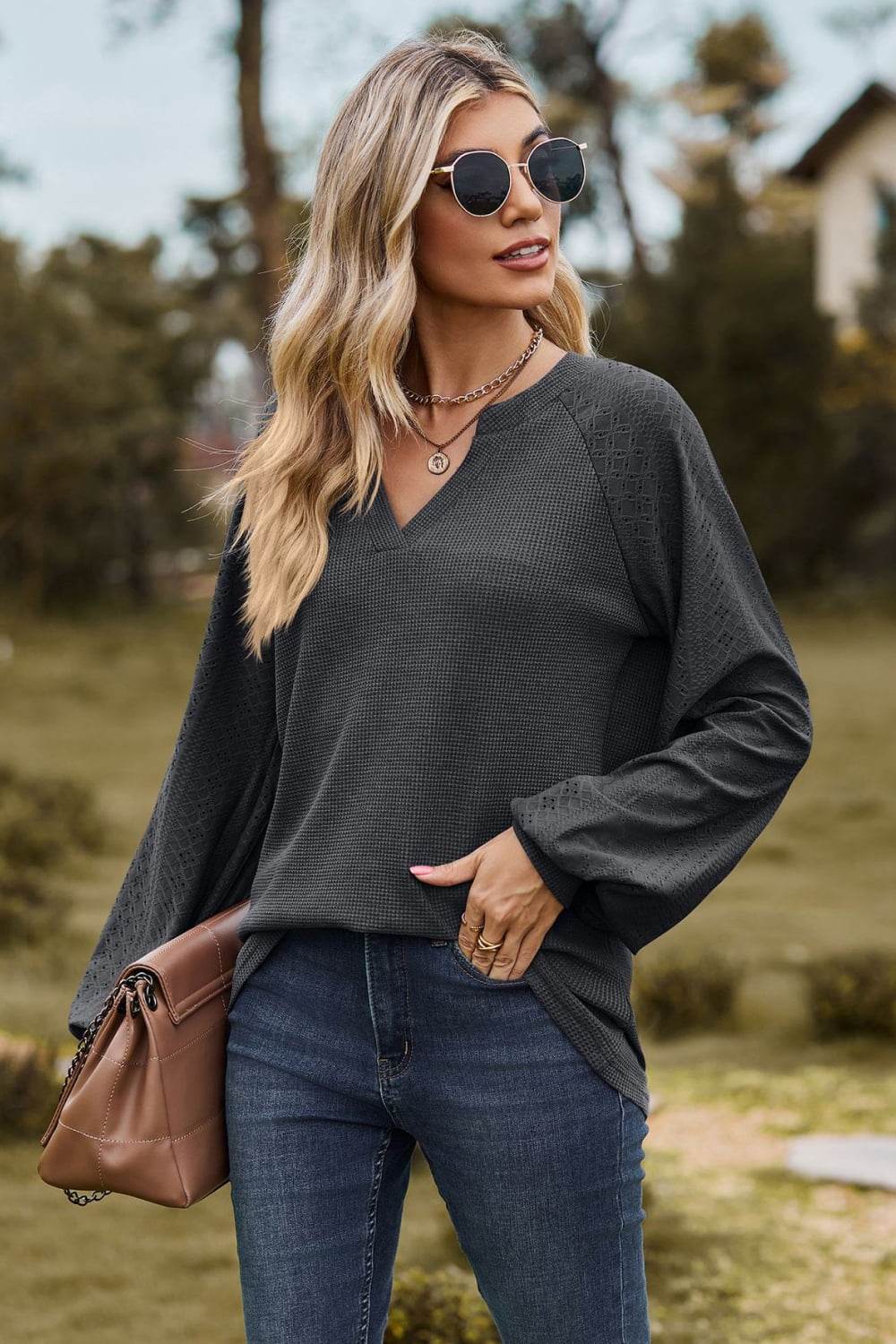 Notched Neck Raglan Sleeve Blouse Trendsi 27b6a0307db442819f815726e0137127-Max