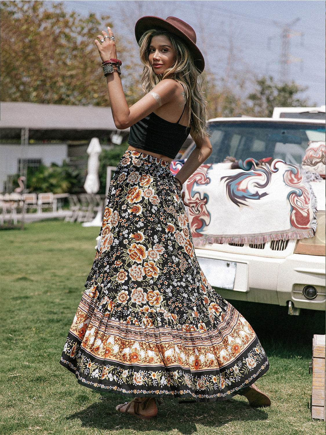 Printed High-Low Ruffle Hem Skirt Trendsi 27ba9181c52c42d993f9fc67e4a2f39e-Max