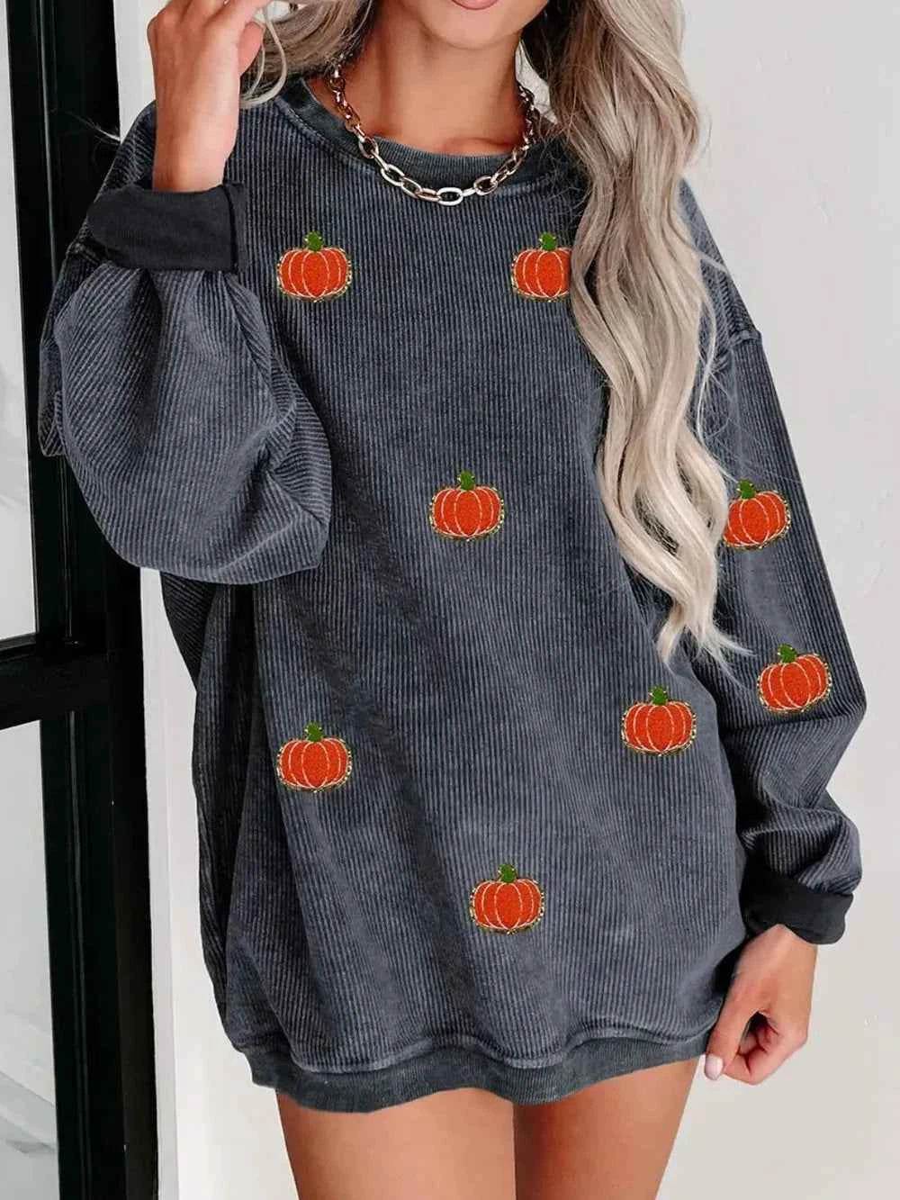 Pumpkin Round Neck Long Sleeve Sweatshirt Dark Gray Trendsi 27bb9ce4-ca9c-489c-ad50-ba09a35899f4-Max