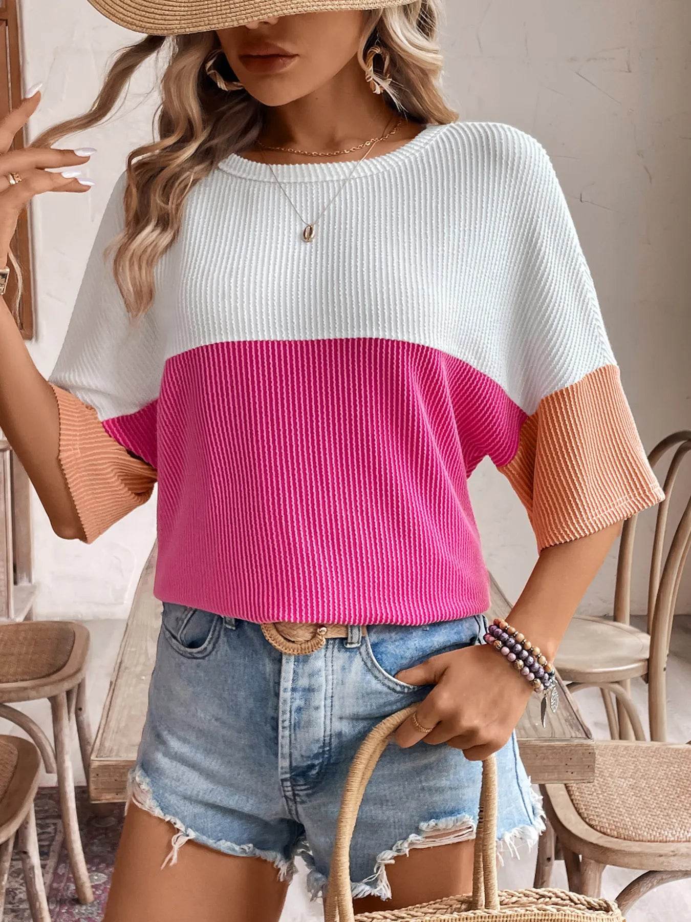 Color Block Ribbed Knit Casual T-Shirt Trendsi 27ea7fb955964e16bbbd4d4ba136ab1b-Max-Origin
