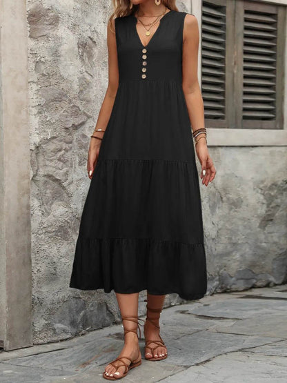 Ivy Lane Decorative Button Notched Sleeveless Dress Black Trendsi 286b72cf-3564-47c6-8d24-22bcdf8736c5-Max