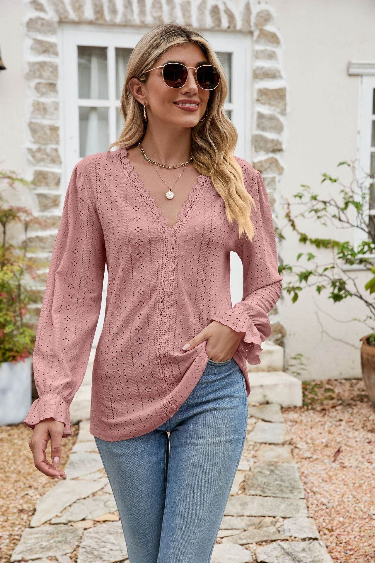 Eyelet Lace Trim Flounce Sleeve Blouse Dusty Pink Trendsi 289264b549754a12aa85b417577e7b63-Max