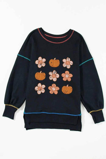 Pumpkin & Flower Graphic Long Sleeve Sweatshirt Trendsi 289ec220-67b8-4e23-b7d2-76271830eccb-Max