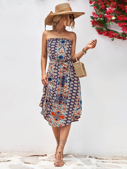 Printed Strapless Tie Belt Dress Dark Blue Trendsi 28a1982be2074452a94d2344a31d52cc-Max