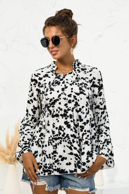 Printed Flare Sleeve Tie Neck Ruffle Trim Blouse Trendsi 28b0f4e55e6c4f6e8b9bbf84ca54a5c5-Max
