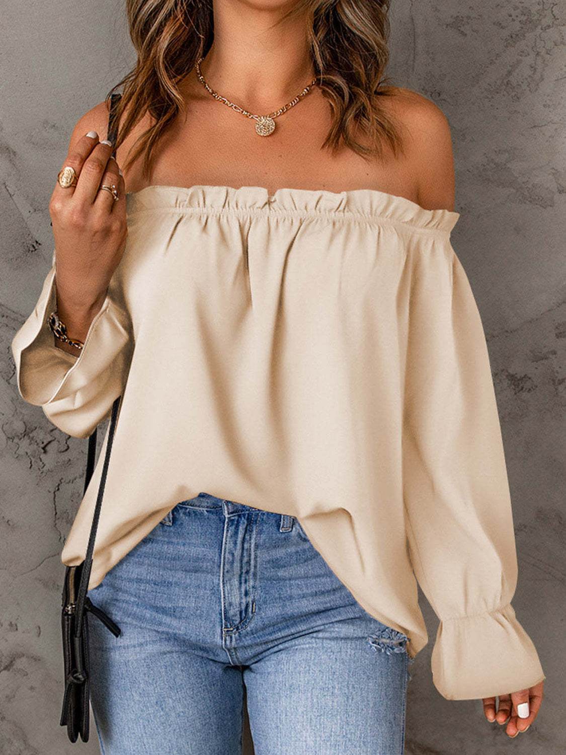Off-Shoulder Flounce Sleeve Blouse Trendsi 28b15d7a39164e4a82acebc078bad033-Max
