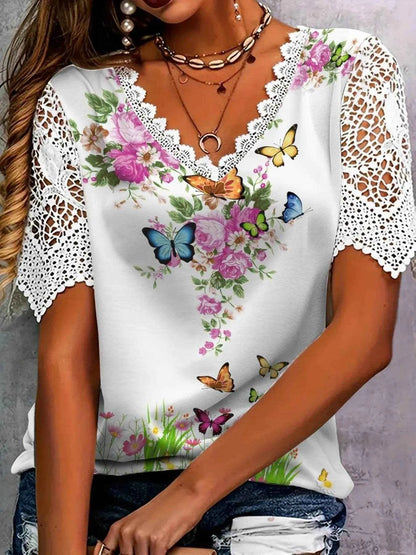 Full Size Printed Lace Sleeve V-Neck T-Shirt Plus Size Pink Trendsi 28c4afd37b30451eb6cfd4be79be1ba3-Max-Origin