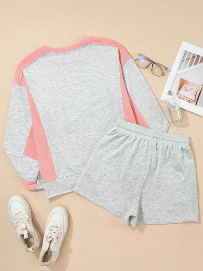 Color Block Long Sleeve Sweatshirt and Shorts Set Trendsi 28e8ad105f9d4bf98818abd49d9c6dfb-Max-Origin